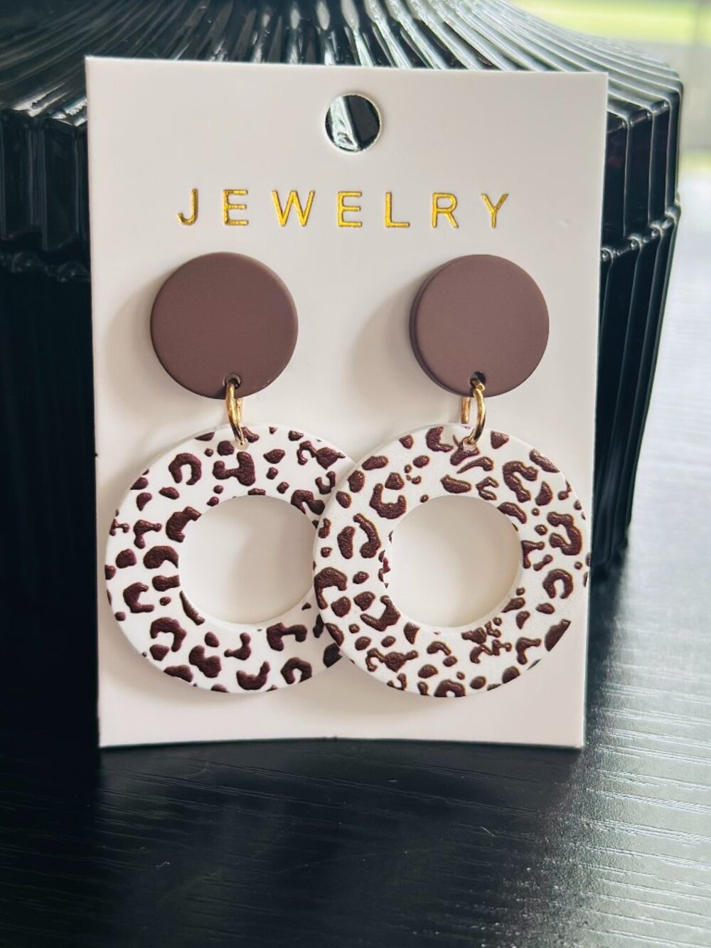 NEW Leopard Print Open Hoop Drop Earrings Matte Brown Boho Chic Statement